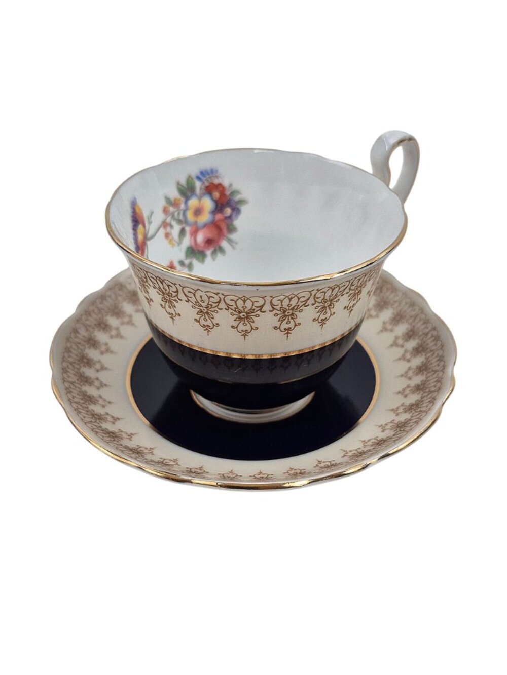 Aynsley Tea Cup Saucer Set Cobalt Blue Floral Bone China England Vintage 3 oz - Picture 4 of 10